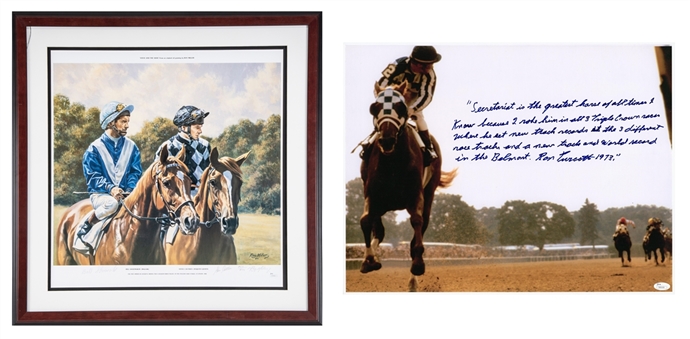 Lot of (2) Horse Racing Triple Crown Signed Items Including Ron Turcotte Signed Handwritten Secretariat Story 20x24" Photo and Bill Shoemaker & Steve Cauthen Dual Signed Framed 27x27" Litho (JSA)    